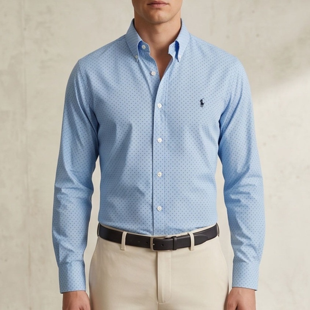 Ralph Lauren Mens L Slim Fit Performance Button Down Shirt Blue Geometric Large